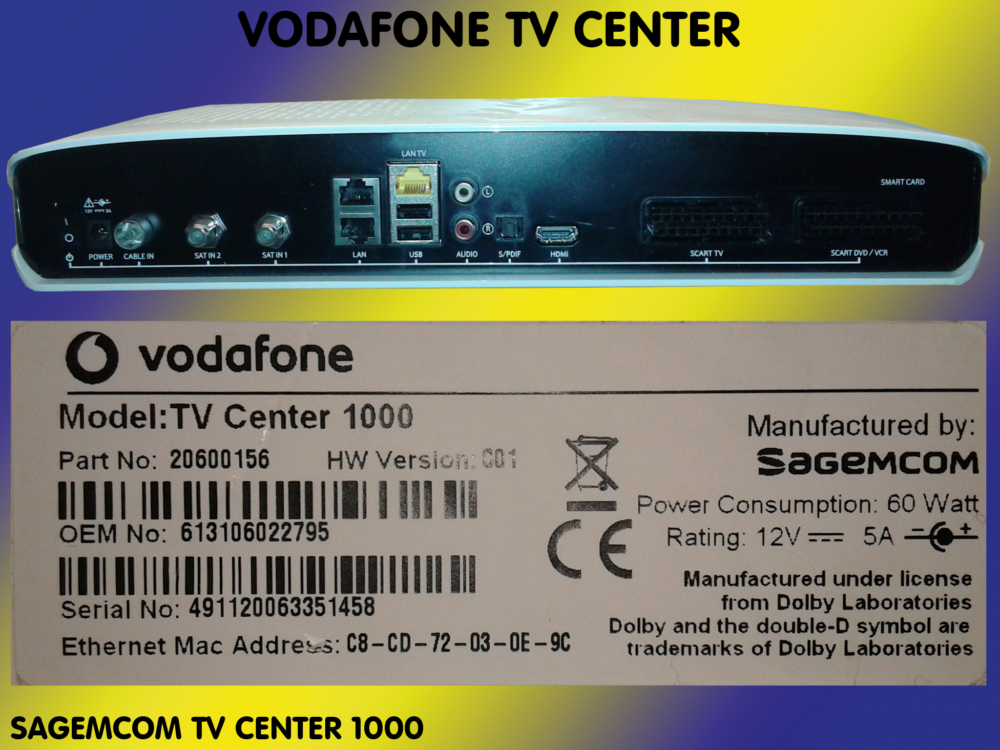 Digitaler HD Video Recorder Vodafone TV Center 1000 Sat Kabel